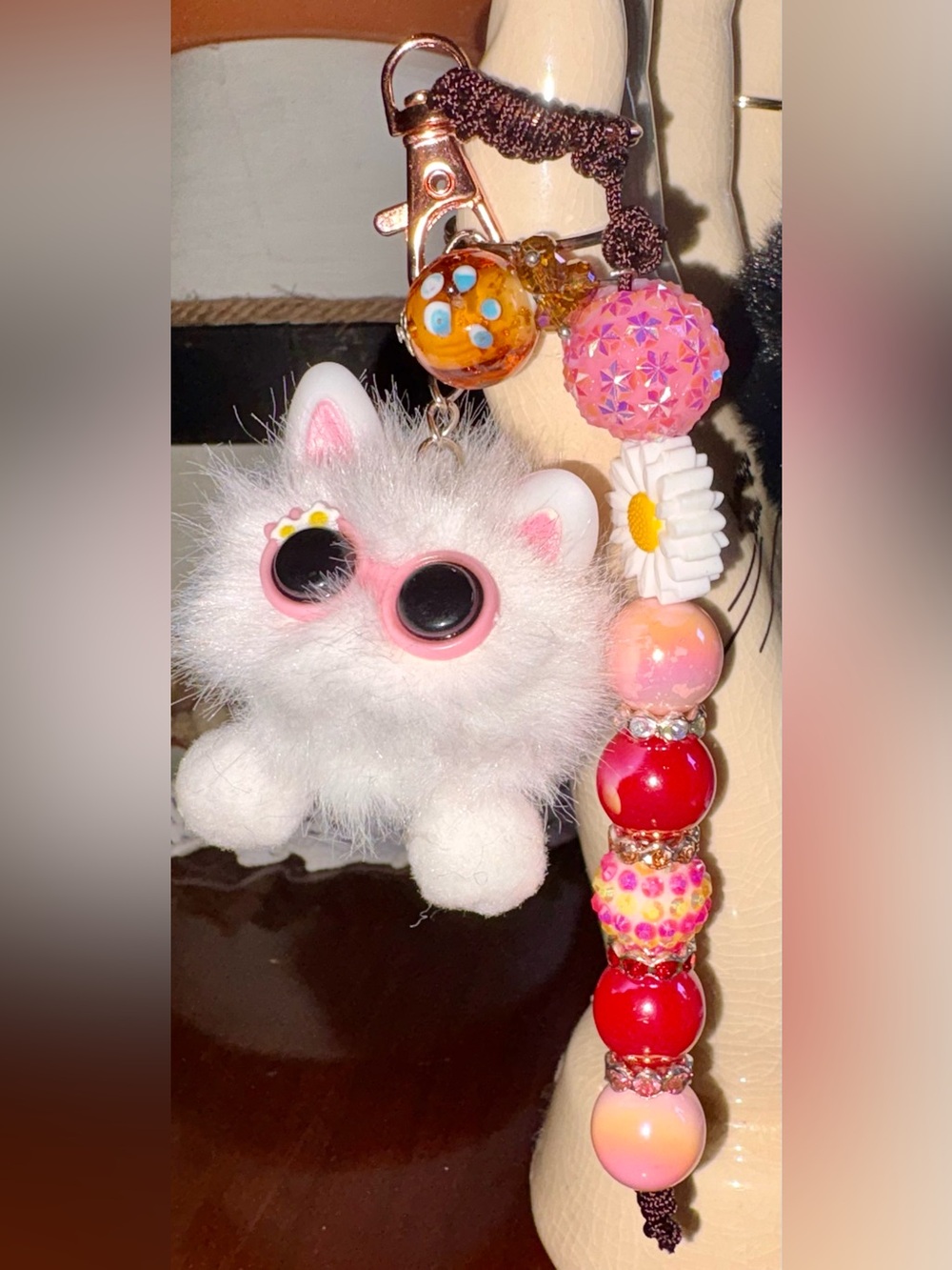White Fuzzy Cat Bag Charm Keychain with Pink Sunglasses